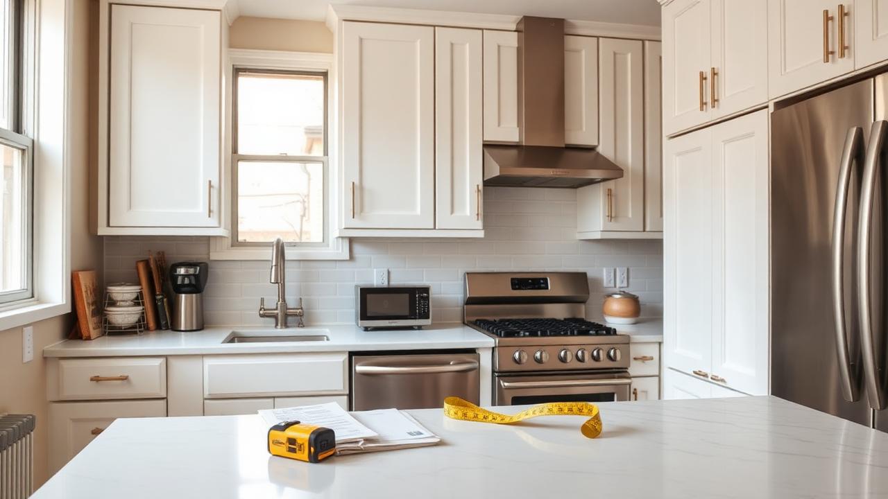 Renovated rent-stabilized apartment kitchen with contractor invoices on the counter