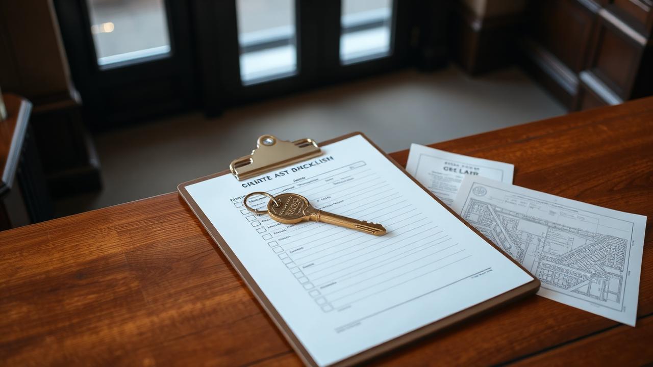 Clipboard checklist with brass key on the front desk of a New York apartment building lobby